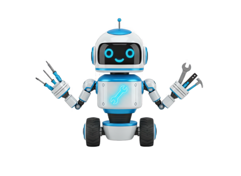 Cute Blue and White Robot with Wheels and Glowing Chest Symbol Stands with Open Arms and Tools on Hands Isolated on Black Background