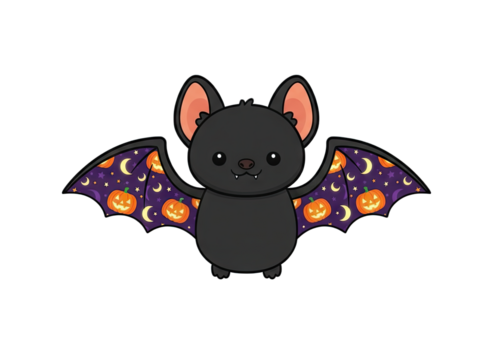 Cute Pixel Art Bat with Halloween Pumpkin and Moon Patterned Wings on Transparent Background