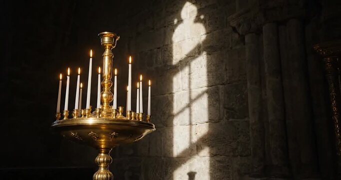 Candelabrum with Lit Candles in Dim Church. Reverence and spiritual light.