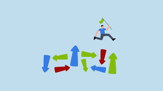 Overcome uncertainty, entrepreneur leaping towards unpredictability with arrows pointing in various directions.