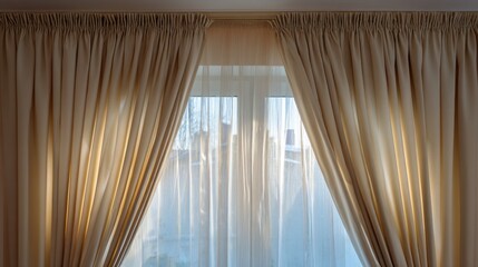 Elegant sheer curtains elegantly framing a window, allowing soft, diffused light to illuminate a cozy interior space, creating a warm and inviting atmosphere in a home setting.