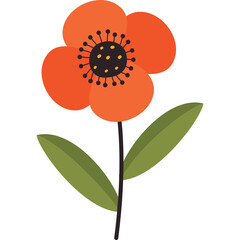 Stylized Orange Flower With Green Leaves and Black Center on Transparent Background