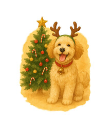 Poodle dog sitting near decorated Christmas tree wearing antler and bell collar &mdash; cute festive illustration
