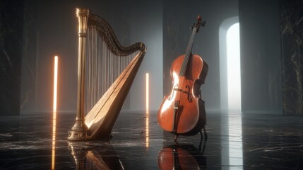 Elegant Harp and Cello in a Serene Setting with Soft Lighting and Reflective Floors, Perfect for Musical and Artistic Themes or Backgrounds