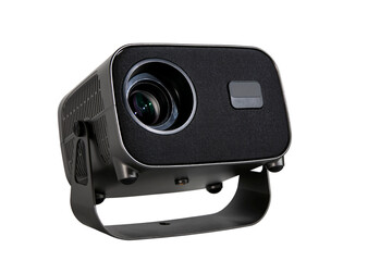 A movie projector, a device for viewing images and videos on a screen at home, is isolated on a white background