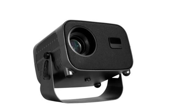 A movie projector, a device for viewing images and videos on a screen at home, is isolated on a white background