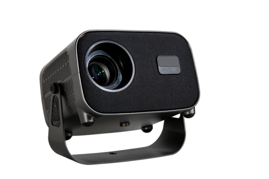 A movie projector, a device for viewing images and videos on a screen at home, is isolated on a white background