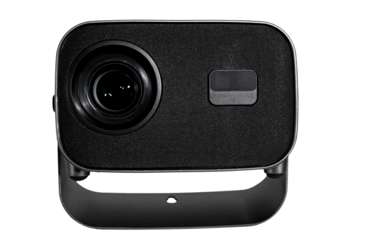 A movie projector, a device for viewing images and videos on a screen at home, is isolated on a white background