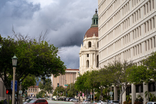 Pasadena City Hall seen from tree-lined street