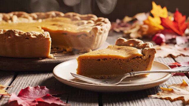 Freshly baked pumpkin pie with a steamy slice on a plate, rustic wooden table and colorful autumn leaves, cozy fall dessert for Thanksgiving and harvest gatherings, warm light