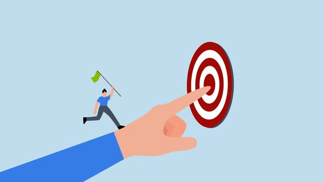 Goal oriented, businesswoman run on hand pointing toward target.