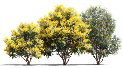 Obraz premium Set of Acacia podalyriifolia (pearl acacia, pearl wattle and silver wattle) blossoming frontal street spring trees medium and small isolated on a white background perfectly