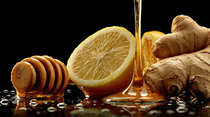 Pouring dripping honey lemon ginger root black background healthy immunity vitamins