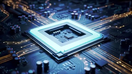 Closeup of a glowing CPU on a futuristic circuit board symbolizing advanced technology artificial intelligence and digital innovation in a hightech environment. - Powered by Adobe