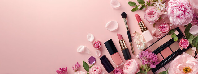 Fototapeta na wymiar Beauty products makeup brushes cosmetic flowers peonies copy space top view feminine copy space