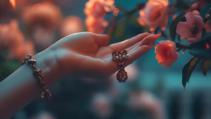 Delicate Hand Reaching For Soft Pink Roses Surrounded By Dreamy Atmosphere With Golden Bracelet