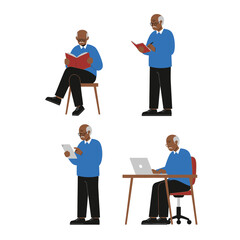 Flat vector illustration of a grandfather performing various actions such as reading a book, holding a notebook, using a tablet, and working on a laptop