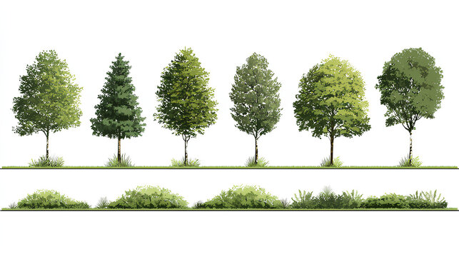 set of forest line cad, minimal isolated on white background. Ground cover. Illustration for elevation architectural element, side view, grass section. Turf coating banners for edging. Stock Vector - Powered by Adobe