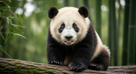 Fototapeta premium Adorable young panda sits on a mossy log with bamboo in the background.