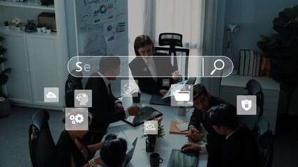 A business team collaborates in a modern office while using a digital search interface with various icons, showcasing teamwork, data analysis, and innovative strategies. Raster - Powered by Adobe