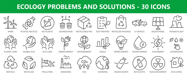 Ecology problems and solutions. Environment care and green initiatives. Vector editable line icons.