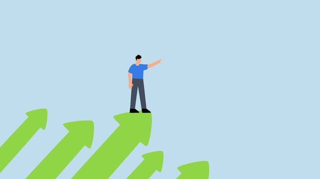 Company success moving forward, confident entrepreneur positioned on ascending arrows directed toward sky next objective.