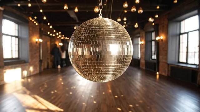Shiny Disco Ball Hanging in Empty Dance Hall