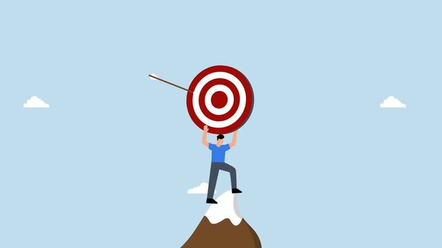 Business target, successful entrepreneur grasping large goal with arrow striking the bullseye.