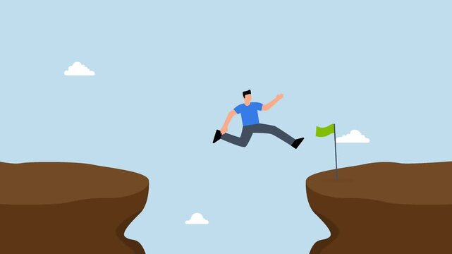 Take risk for opportunity to success, courageous entrepreneur victor leaps across chasm to attain success banner on opposite side.