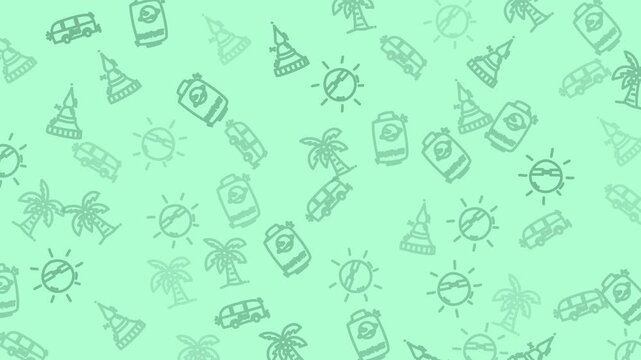 Seamless Pattern - Seamless looping animation of hand-drawn travel icons on a light green background perfect for travel vlogs and presentations.