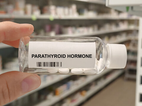 Box of PARATHYROID HORMONE tablets on a hospital pharmacy table used to treat osteoporosis a recombinant hormone therapy.