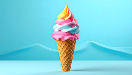 Single Ice Cream Cone on Baby Blue Background Playful Minimal Composition