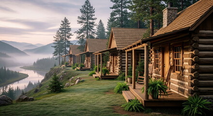 Row of rustic log cabins on a misty riverside mountain, offering a peaceful, natural escape. Ideal for tranquil retreats and vacation rentals.