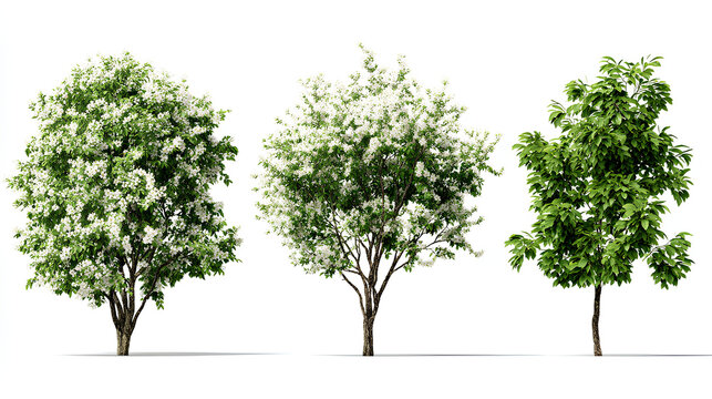 Set of summer and spring Amelanchier canadensis (commonly known as shadblow serviceberry, chuckle-berry, currant-tree) frontal isolated on a white background perfectly cutout Stock Illustration