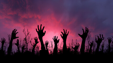 Shadow overlay effect for halloween background with Terrifying scary hands with long nails, Creepy monster claw, silhouette of hands, zombie hand rising out of a graveyard