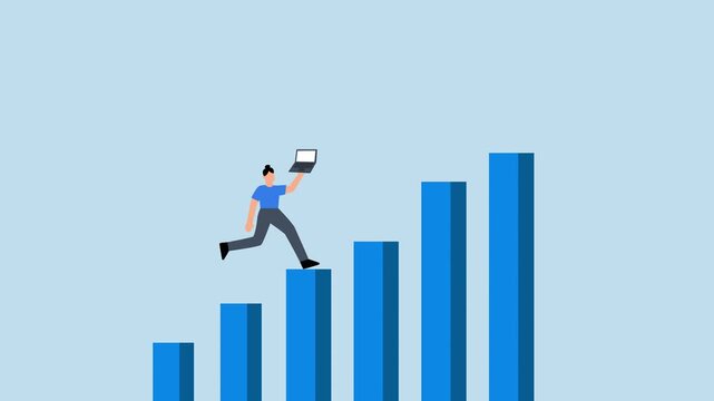 Growth, businesswoman using laptop approaches ascending graph and chart