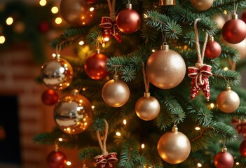 Fototapeta premium christmas, tree, decoration, holiday, ball, celebration, xmas, ornament, fir, winter, branch, green, season, new, christmas tree, year, pine, december, gold, red, festive, gift, new year, object, deco