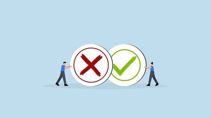 Pros and cons, business individuals carrying large advantages and disadvantages, correct and incorrect symbols.