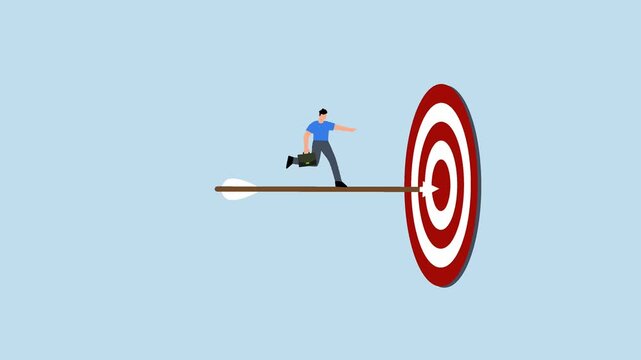 Aiming to hit business goal, confidence businessman on arrow bow aiming to hit target bullseye.