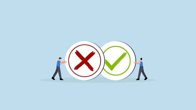 Pros and cons, business individuals carrying large advantages and disadvantages, correct and incorrect symbols.