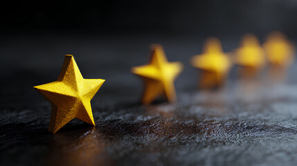 Single yellow star review bar on dark background minimal positive feedback in professional 3D rendering.