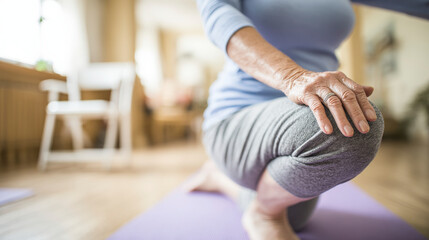 A woman is doing yoga on a purple mat