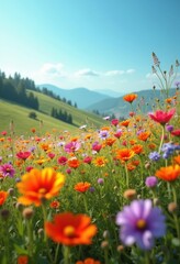 Obraz premium Vibrant Wildflower Field with Colorful Blooms Under a Clear Sky in a Rolling Meadow