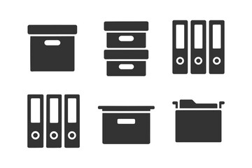Set of black office storage boxes and binders icons.