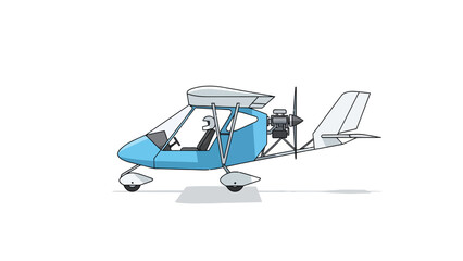 A blue and white ultralight aircraft with a propeller and tail