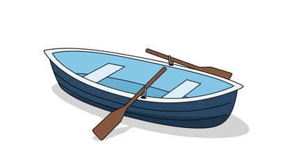 A blue rowboat with oars rests on a white surface with a shadow
