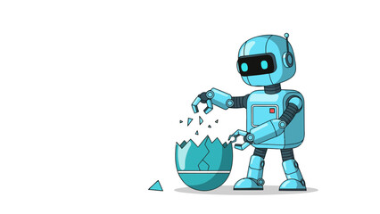 A blue robot is breaking open an egg