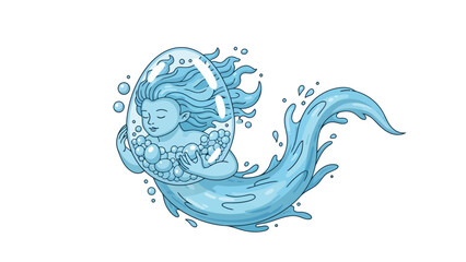 A blue water spirit with long hair and a bubble enclosure