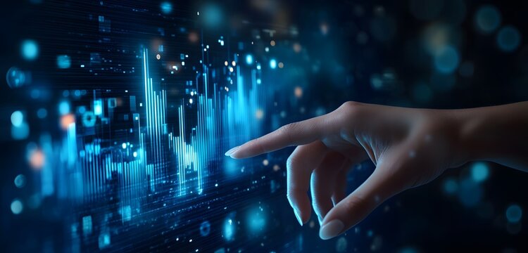 Glowing blue bar chart touched by a digital hand, futuristic scene.