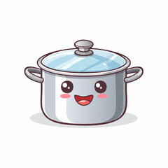 Adorable cartoon pot with a transparent lid ready for cooking fun, a delightful culinary character, perfect for kids' menus and cheerful food illustrations